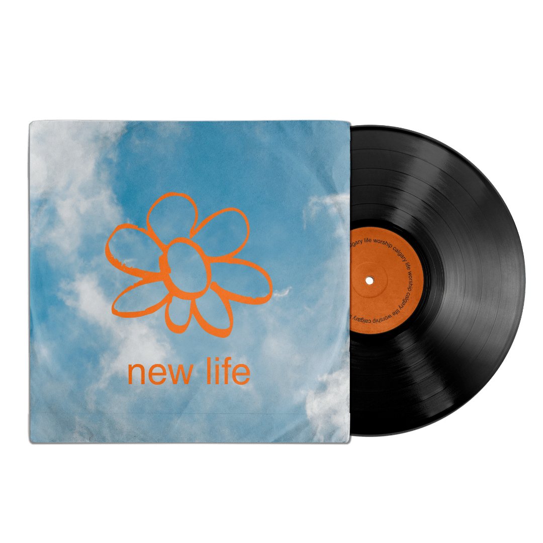 A vinyl record and its sleeve with a sky and clouds background, an orange flower illustration, and the words "new life"