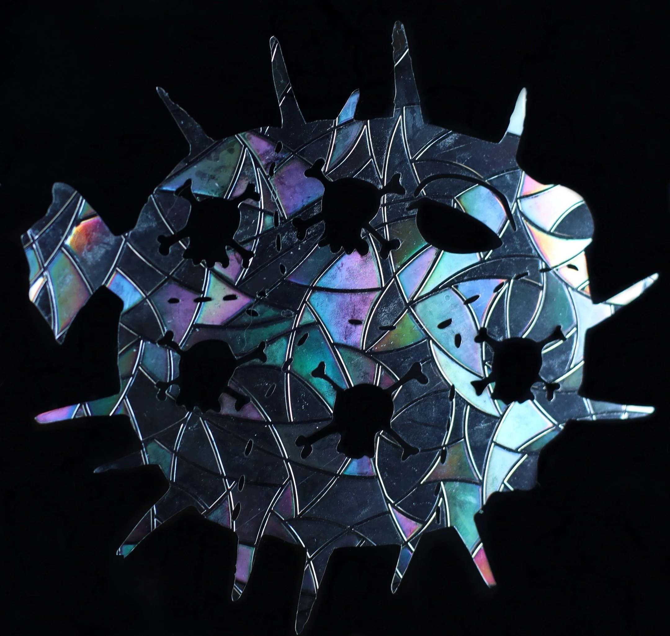 Fugu me!  Poison, poison, tasty fish! Let Fugu watch over your space while creating beautiful prismatic light. Approximately 5”x5” and removable. Handmade in Toronto.