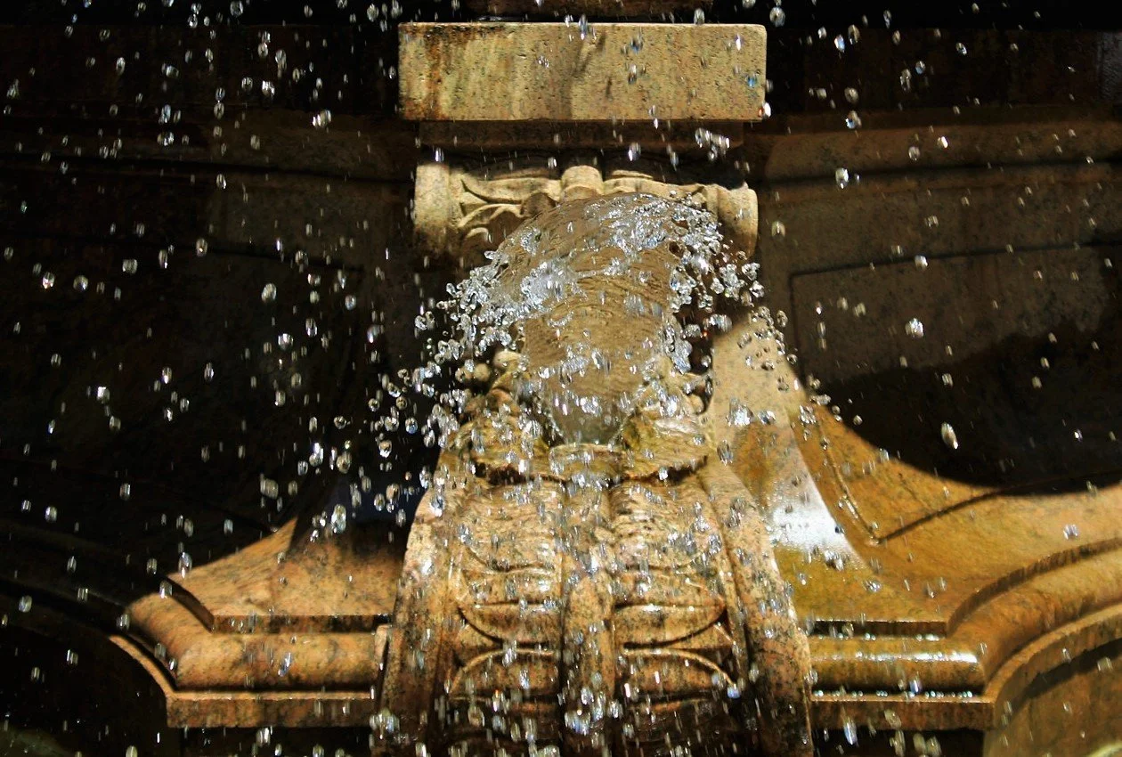 Close-up of an ornate fountain with water splashing around a lion head sculpture.