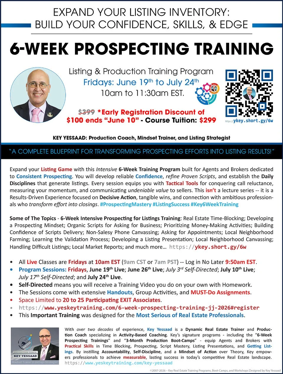 Flyer of June-July 2026 6-Week Prospecting for Listing Training - Expand Your Listing Inventory: Build Your Confidence, Skills, & Edge with Production Expert and Real Estate Trainer Key Yessaad