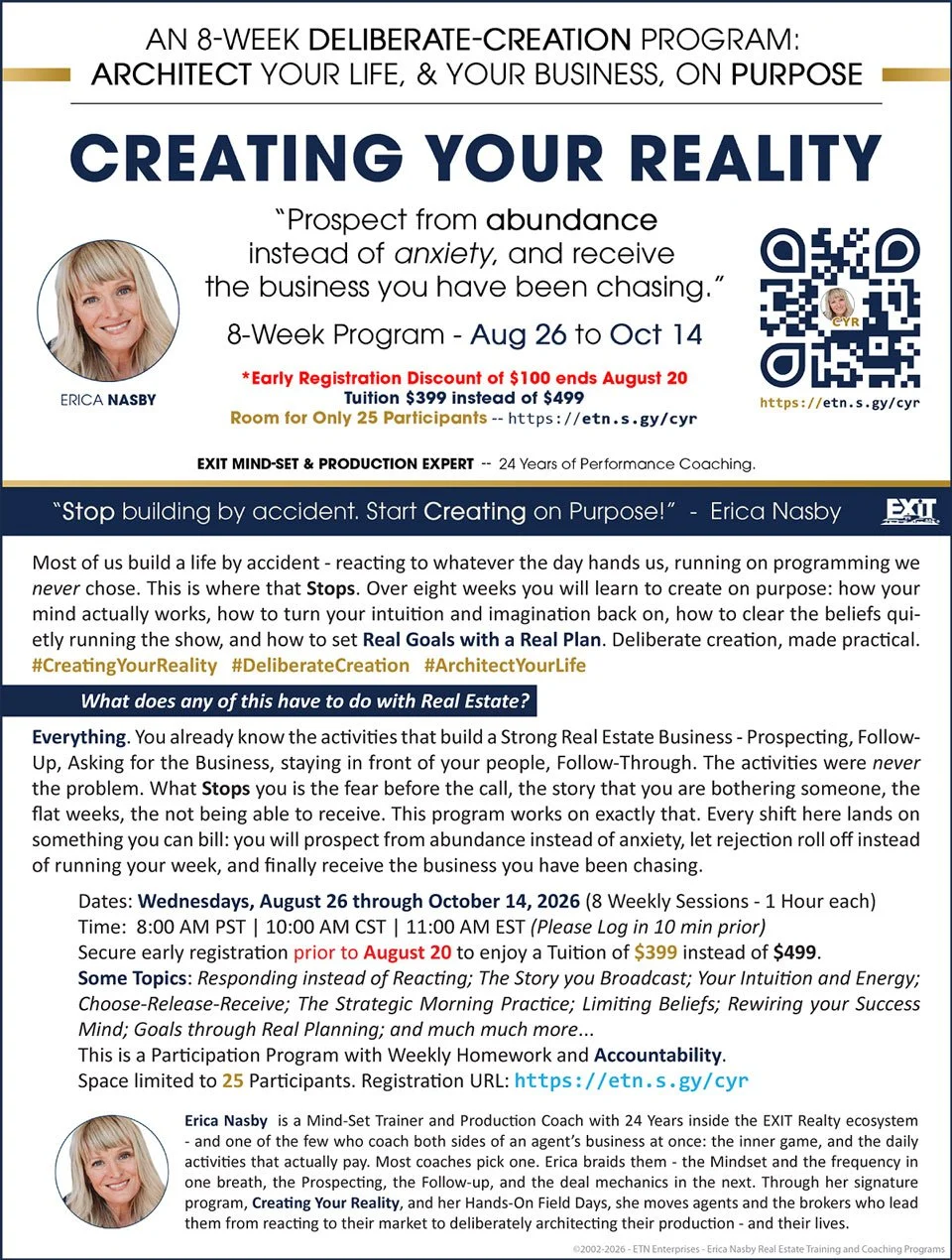 Flyer of Creating Your Realty: 8-Week August 2026 Real Estate Training Program with Erica Nasby