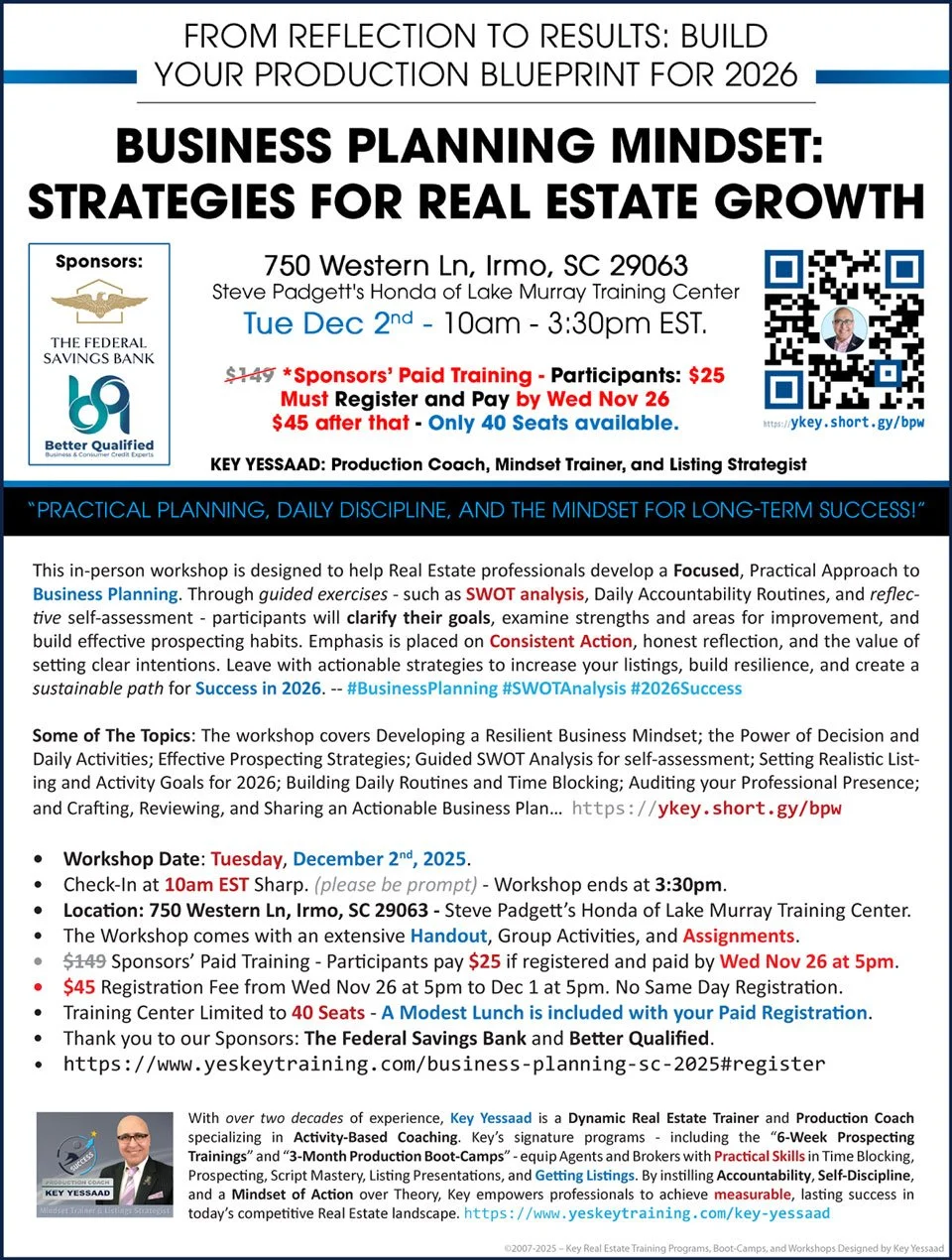Flyer of Business Planning Mindset: Strategies for Real Estate Growth in 2026 - SC Tue Dec 2nd 10am- 3:30pm
