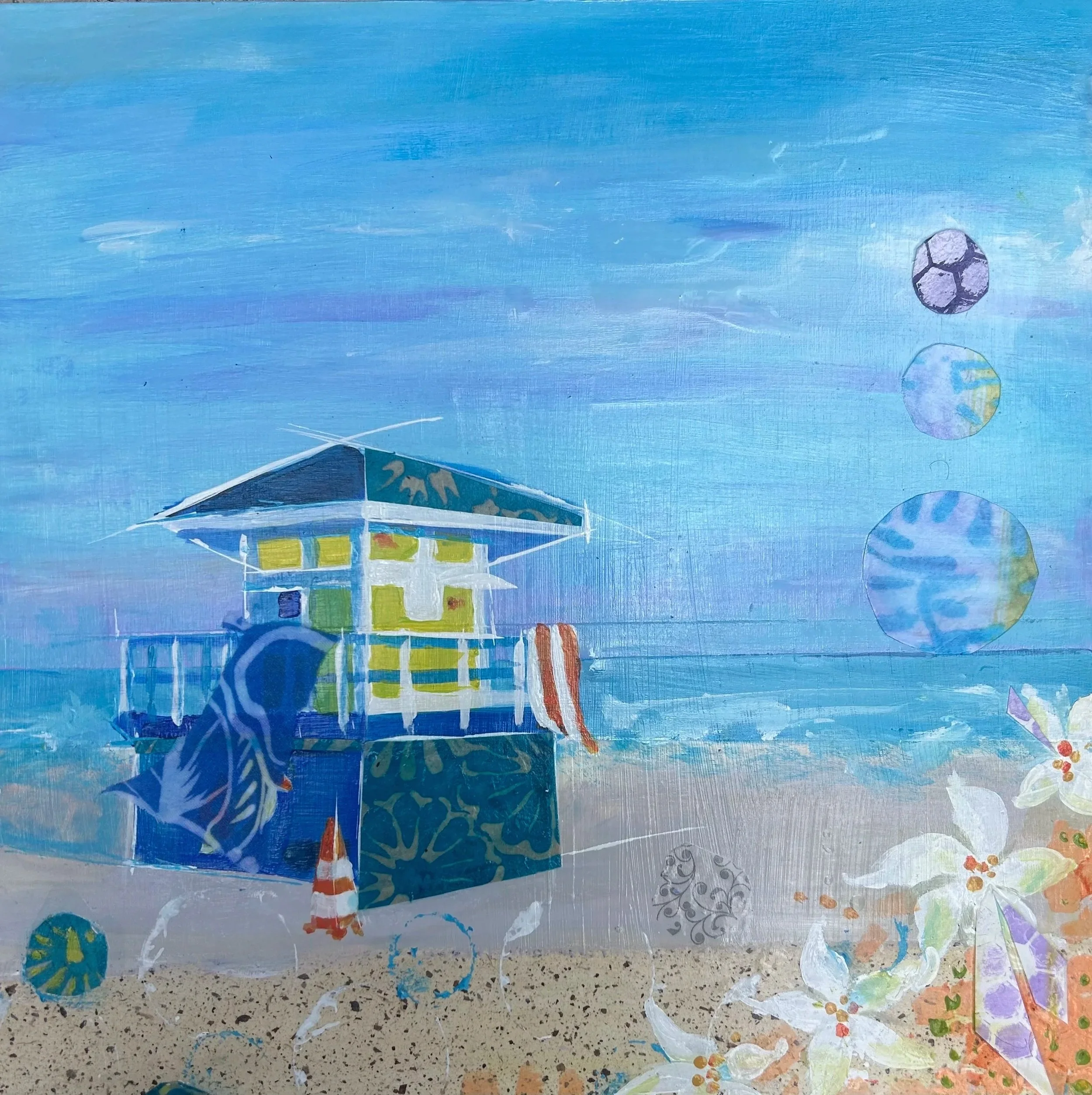 "Pompano Lifeguard Tower" mixed media 16"x16" $600