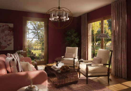Living room with red walls, two large windows, curtains, beige armchairs, pink sofa, wooden coffee table, green plant, and chandelier.