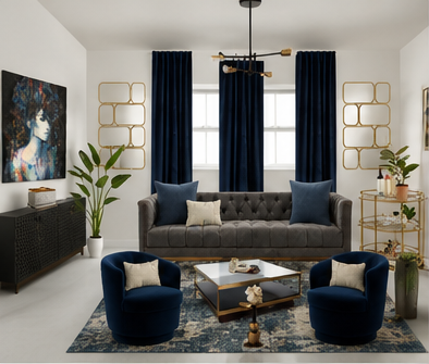 Modern living room with grey sofa, two blue armchairs, and navy curtains. Decor includes gold wall art, a large painting, and plants.