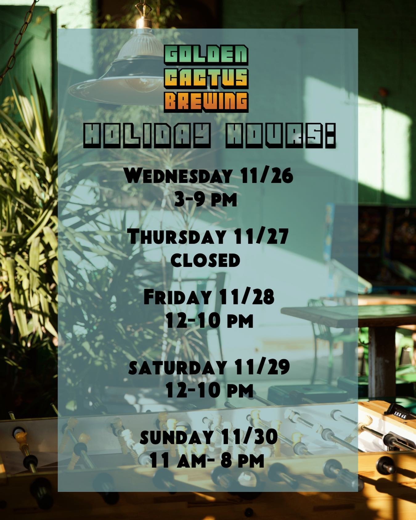 Holiday hours for the rest of the week! Family in town? Bring &lsquo;em in. We&rsquo;ve got a full tap list ready to pour. Open today for our last weekly Mid-Week Market of the year! Come have a beer, support some local small businesses, and check ou