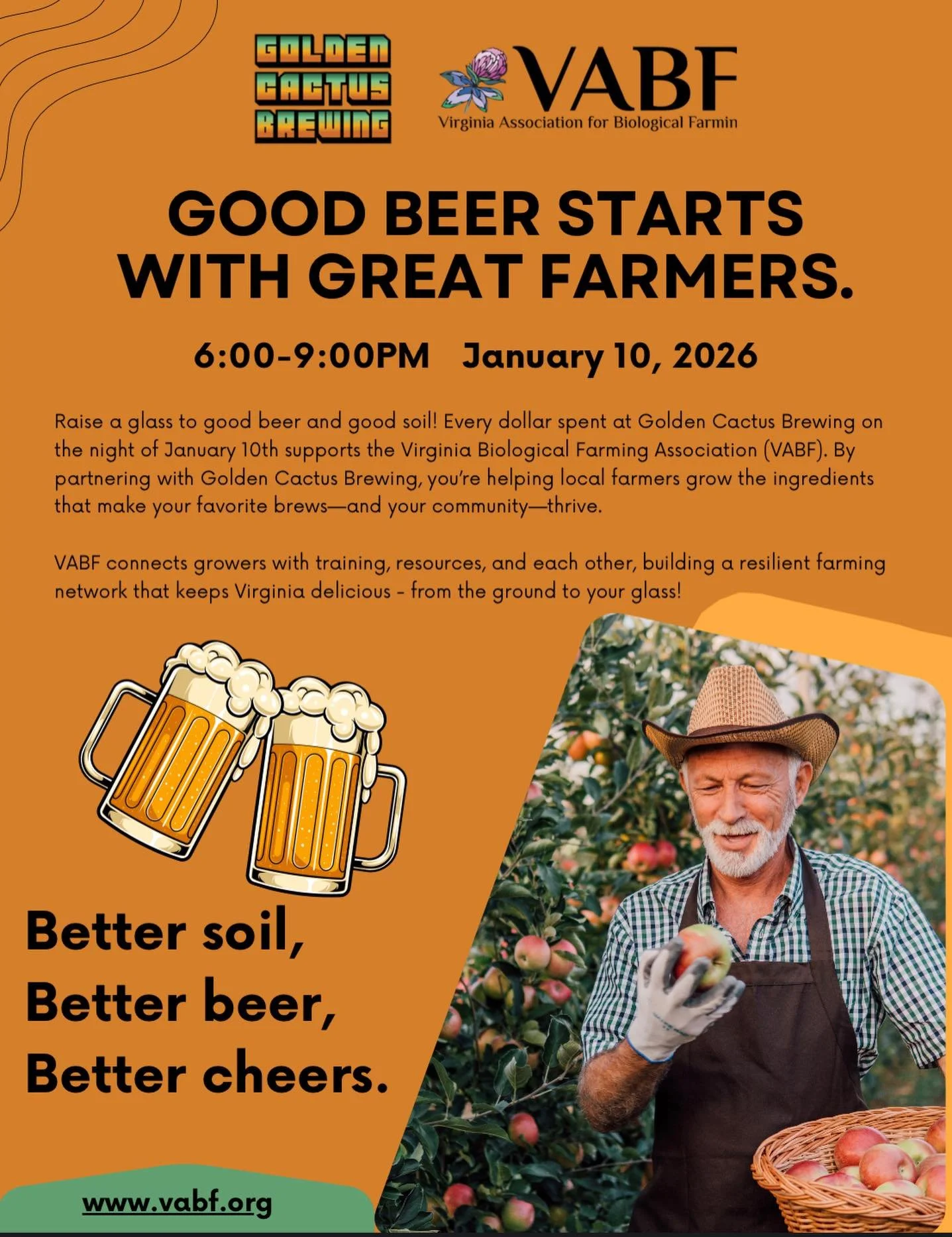 One week from today! We&rsquo;re hosting a fundraiser night for @vabfarming from 6-9 pm. A percentage of brewery sales will be donated to VABF so all you have to do is show up and buy a drink! We&rsquo;ve got a full tap list and the cooler is stocked