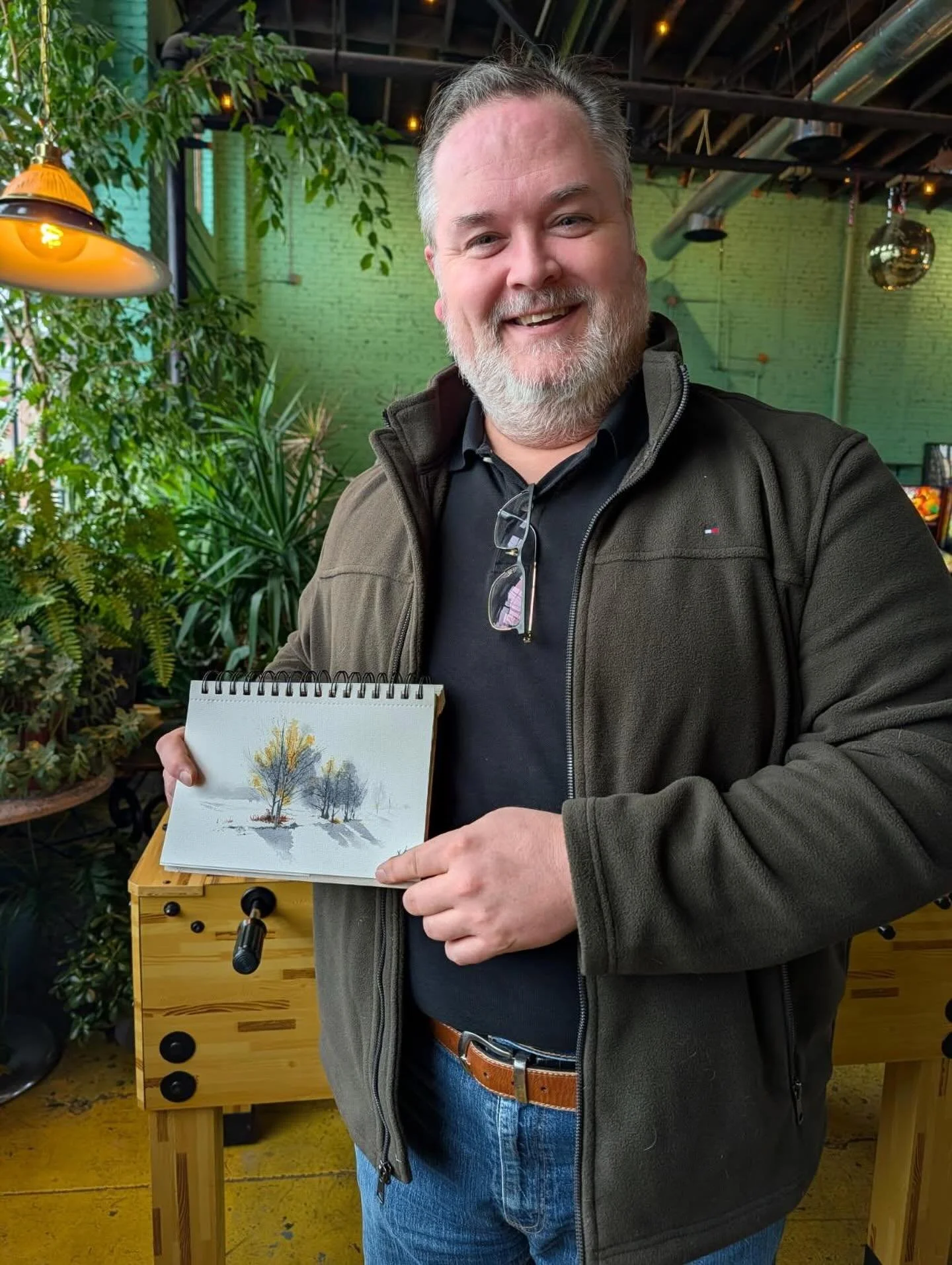 Everyone meet Michael! You can usually find him at a high top in the corner with a beer and headphones on watercolor painting. Last week he completed his 100th painting at Golden Cactus and we wanted to share and celebrate him! We love seeing artists