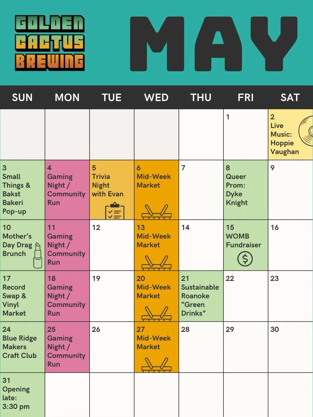Hard to believe tomorrow is the first day of May! We&rsquo;ve got a bunch of events lined up next month and hope to see you at some! 🌵 

Recurring events:
🕹️ Monday night gaming with @starpoweredgaming2022 5:30 pm
👟 Community pub run with @runabou