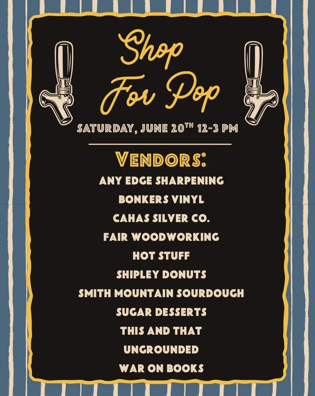 VENDOR DROP ‼️ We&rsquo;re exited to share the final vendor list for our upcoming Father&rsquo;s Day market: &lsquo;Shop for Pop&rsquo;! Need a last minute gift for dad? Swing by on Saturday, June 20th from 12-3 pm to peruse a handful of local busine