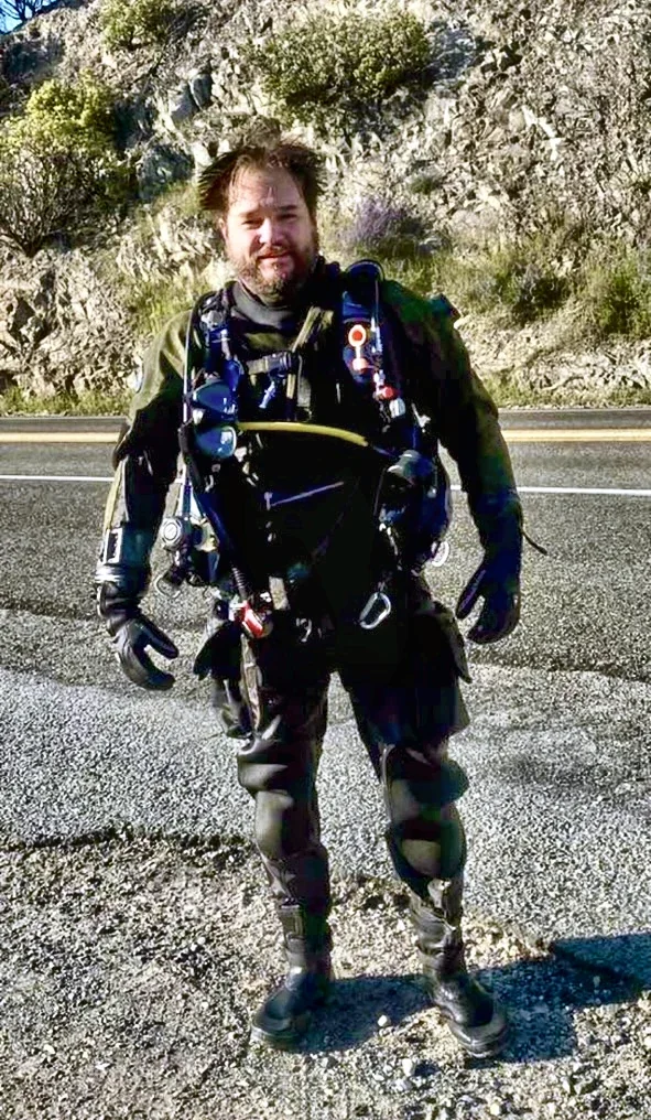 Chandler Arellano, dive instructor at Dive Outdoors in Redding, CA, in drysuit and rebreather gear