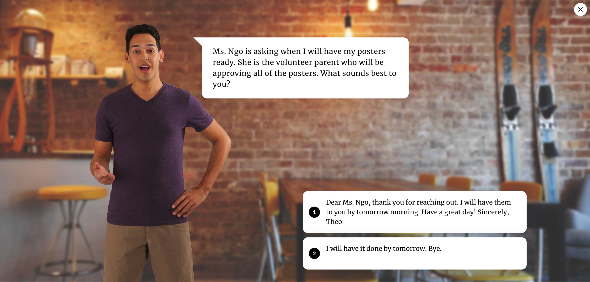 slide of an elearning scenario presenting a narrative where the learner has to pick between two options for responding to a professional email. One is formal while the other is informal. 
