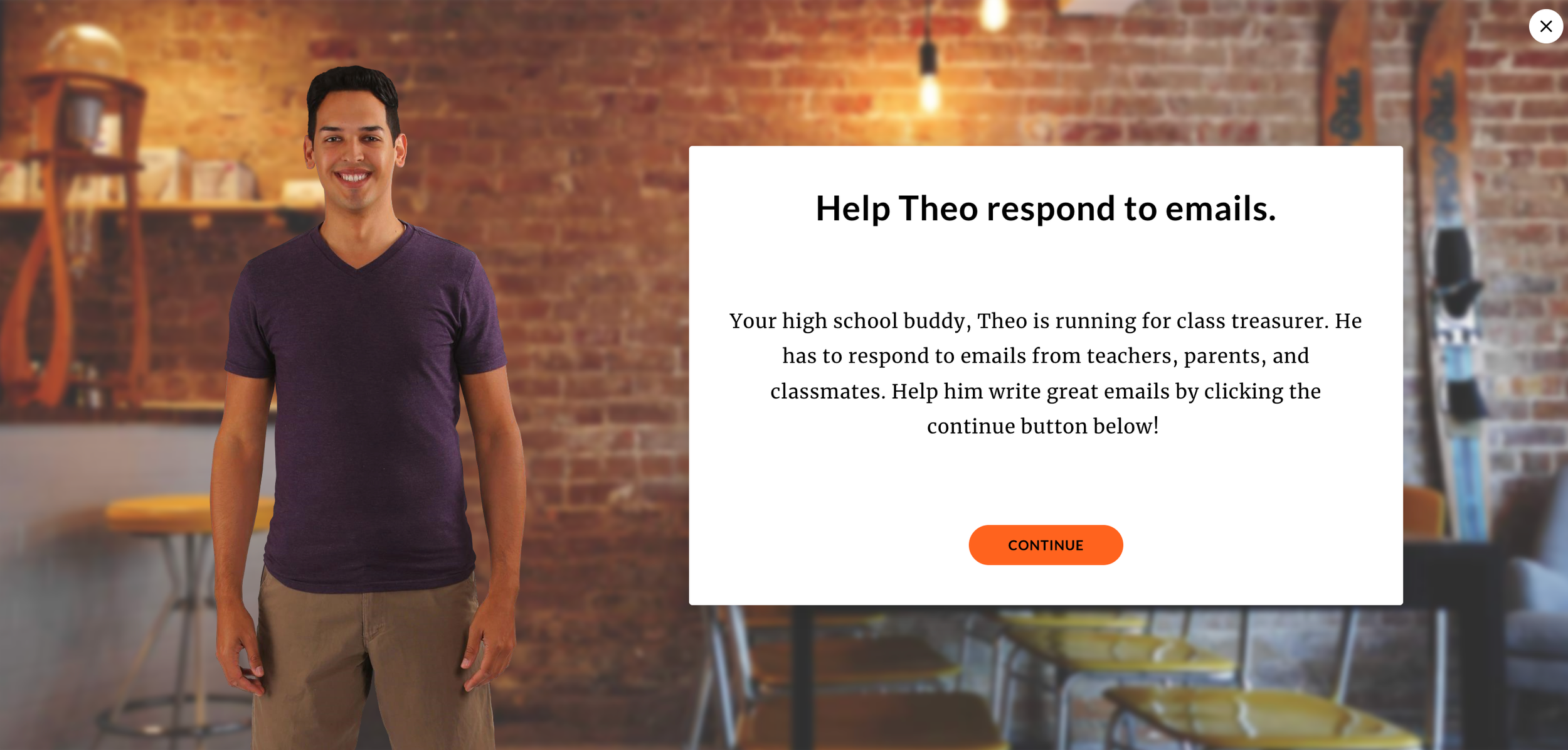 slide introducing a scenario where the learner has to help some choose what language to use when responding to emails
