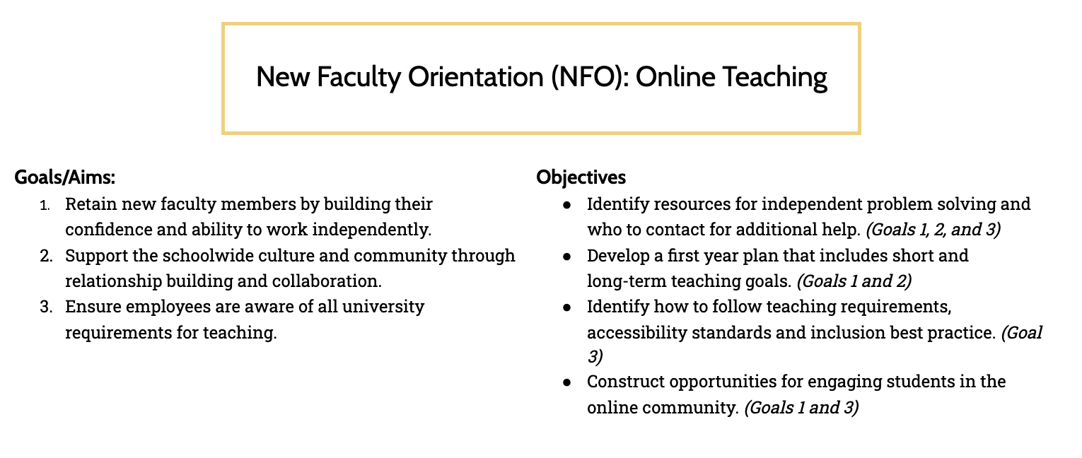 New Faculty Orientation goals, aims, and objectives 