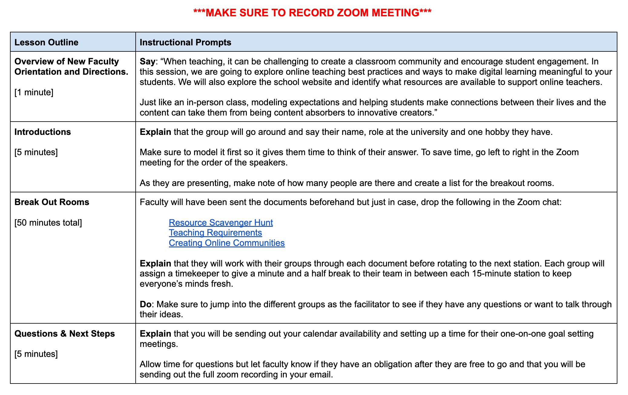 facilitator guide for new faculty orientation including the overview, introductions, break out rooms, and meeting wrap up