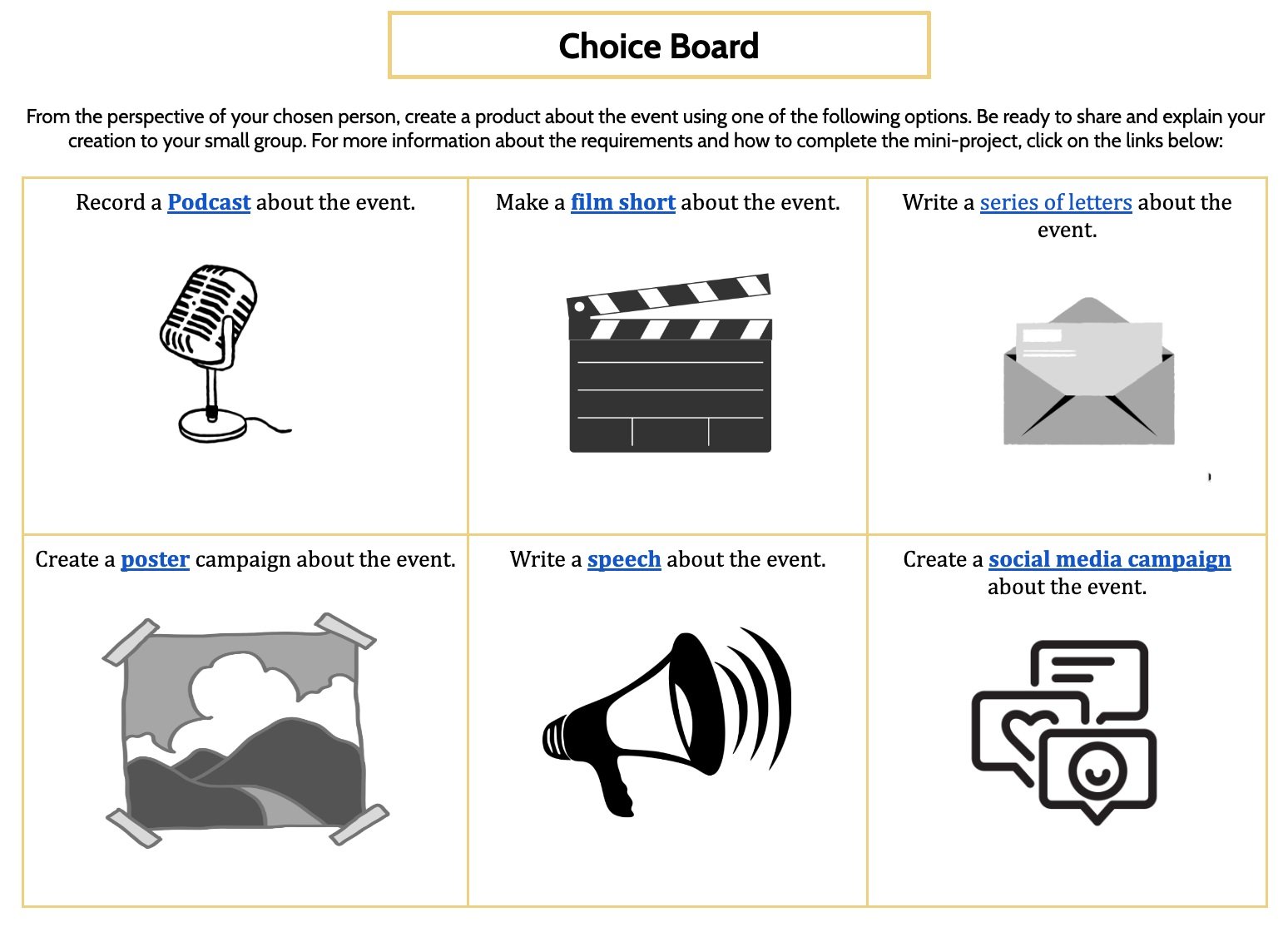 project choice board with links to instructions for projects like podcasts, movies, letters, posters, speeches, and social media campaigns