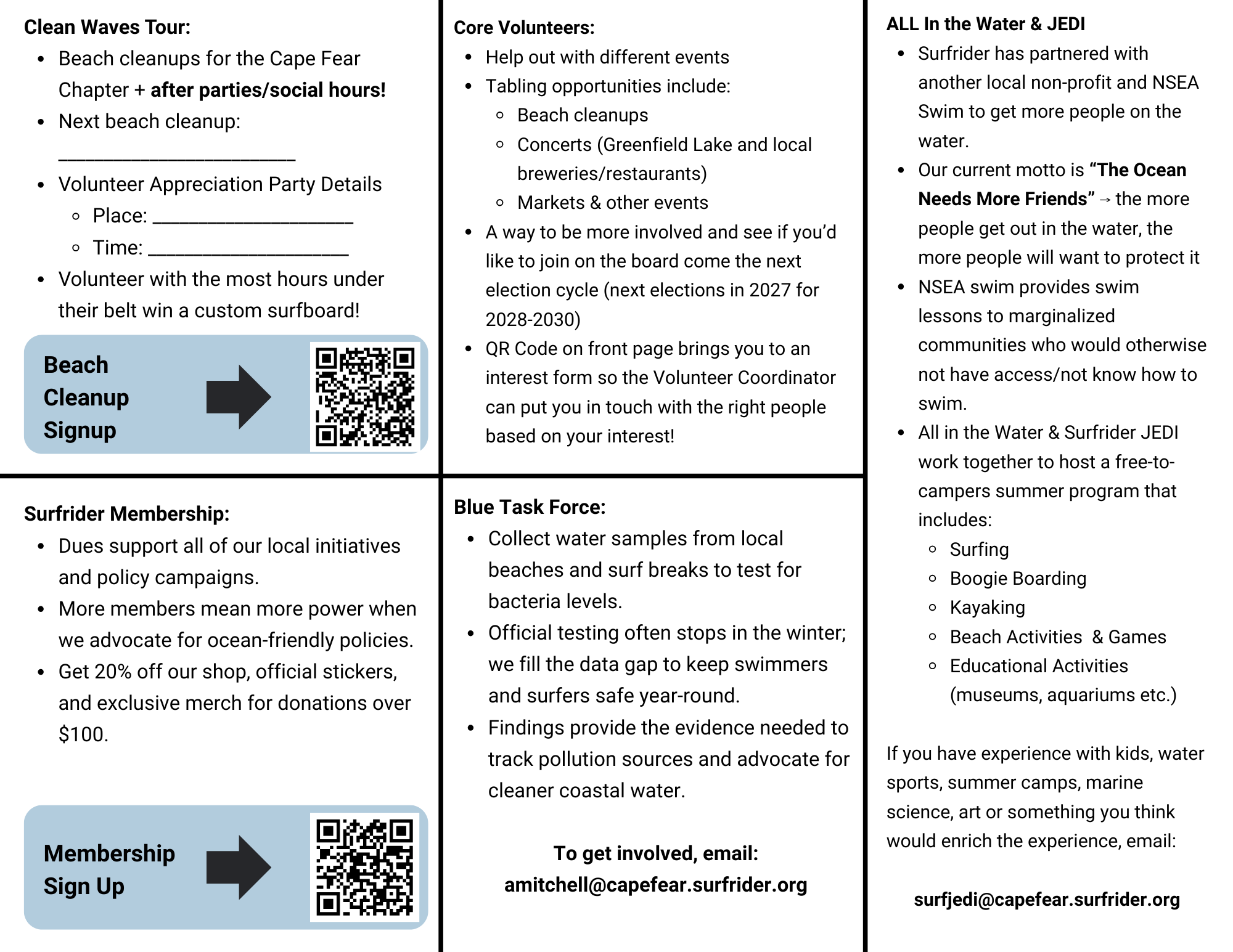 Cheat sheet for tabling volunteers. 