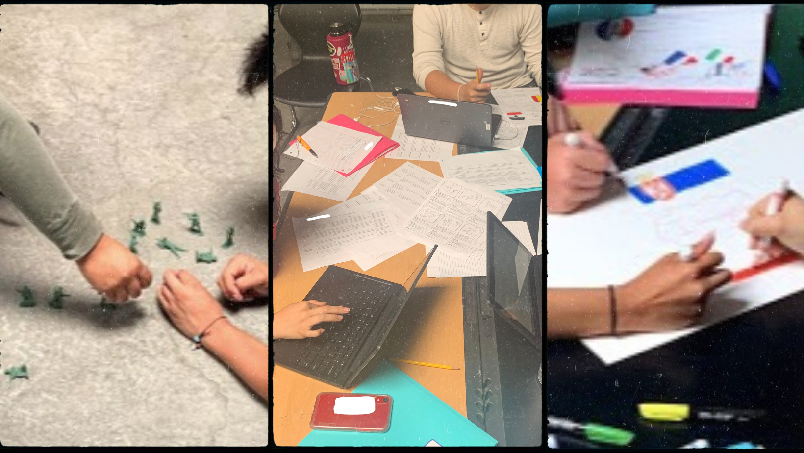 three images showing collaborative work on tables