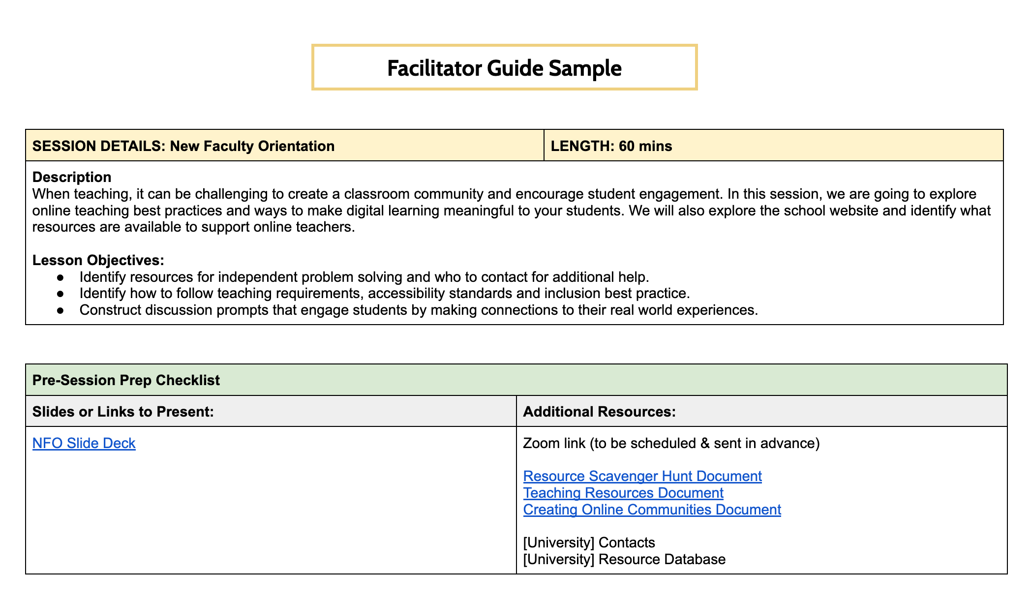 facilitator guide for new faculty orientation including the description, lesson objectives, and pre-session checklist 