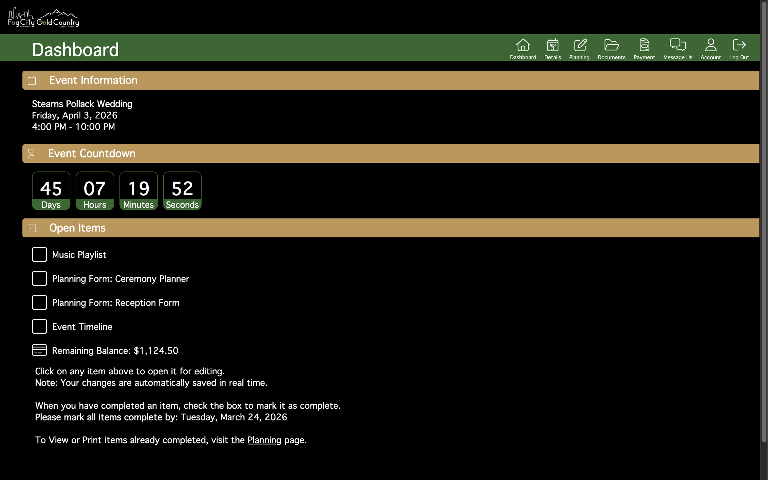 Planning deadline reminder for party entertainment details