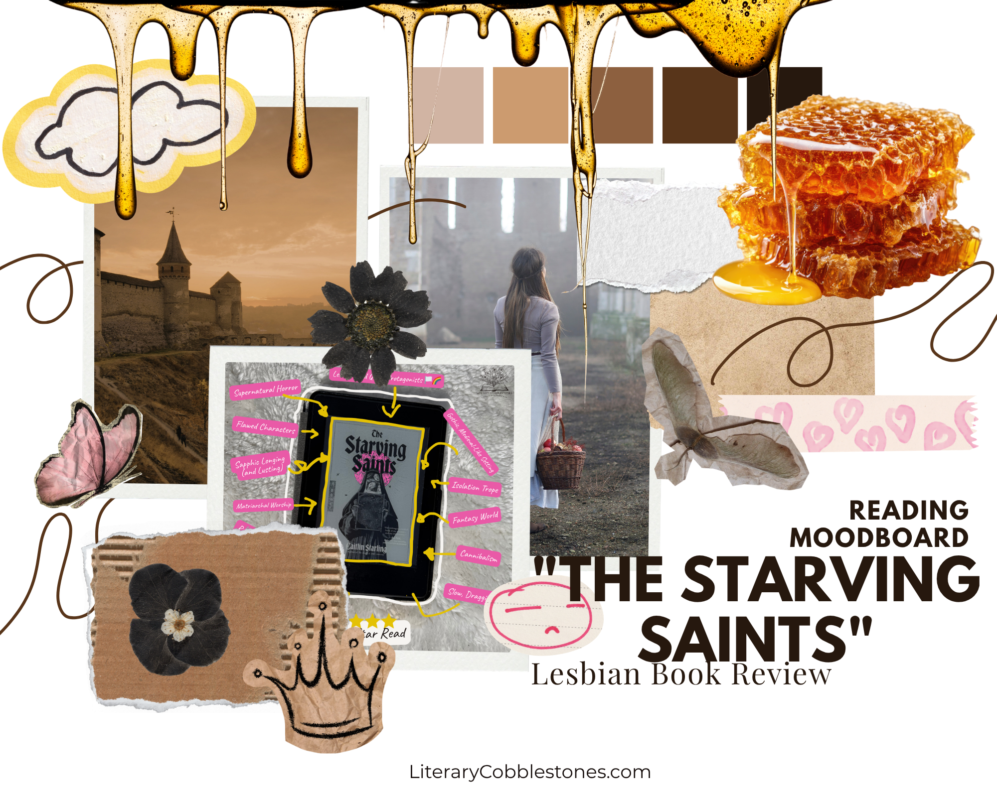 Reading moodboard for lesbian book review of The Starving Saints by Caitlin Starling on Literary Cobblestones, reading journal scrapbook