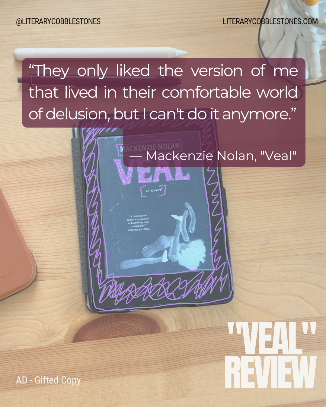 Sapphic literary quotes from horror novel "Veal" by Mackenzie Nolan, part of a book review blog