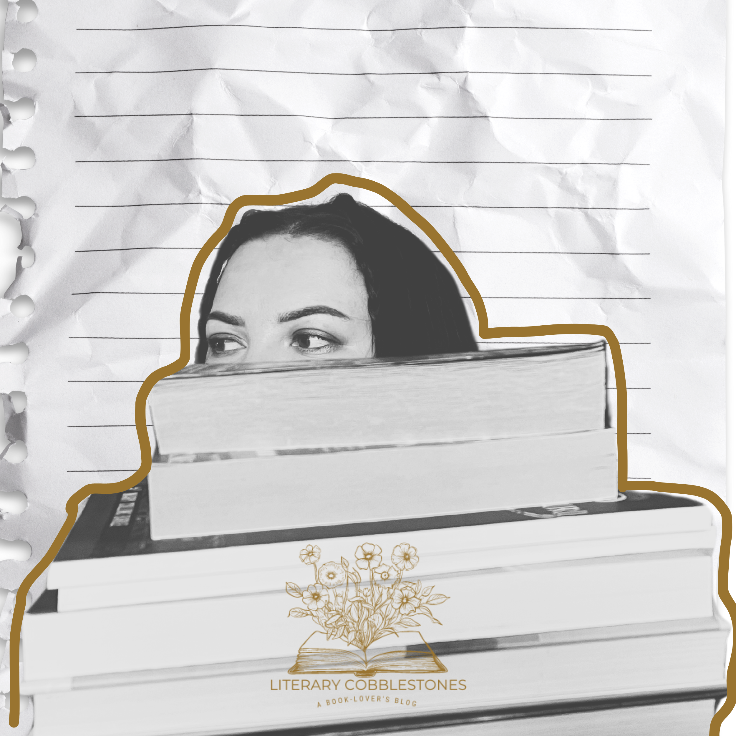 cool creative graphic design image of book blog creator on white-lined paper with books, outlined in ochre