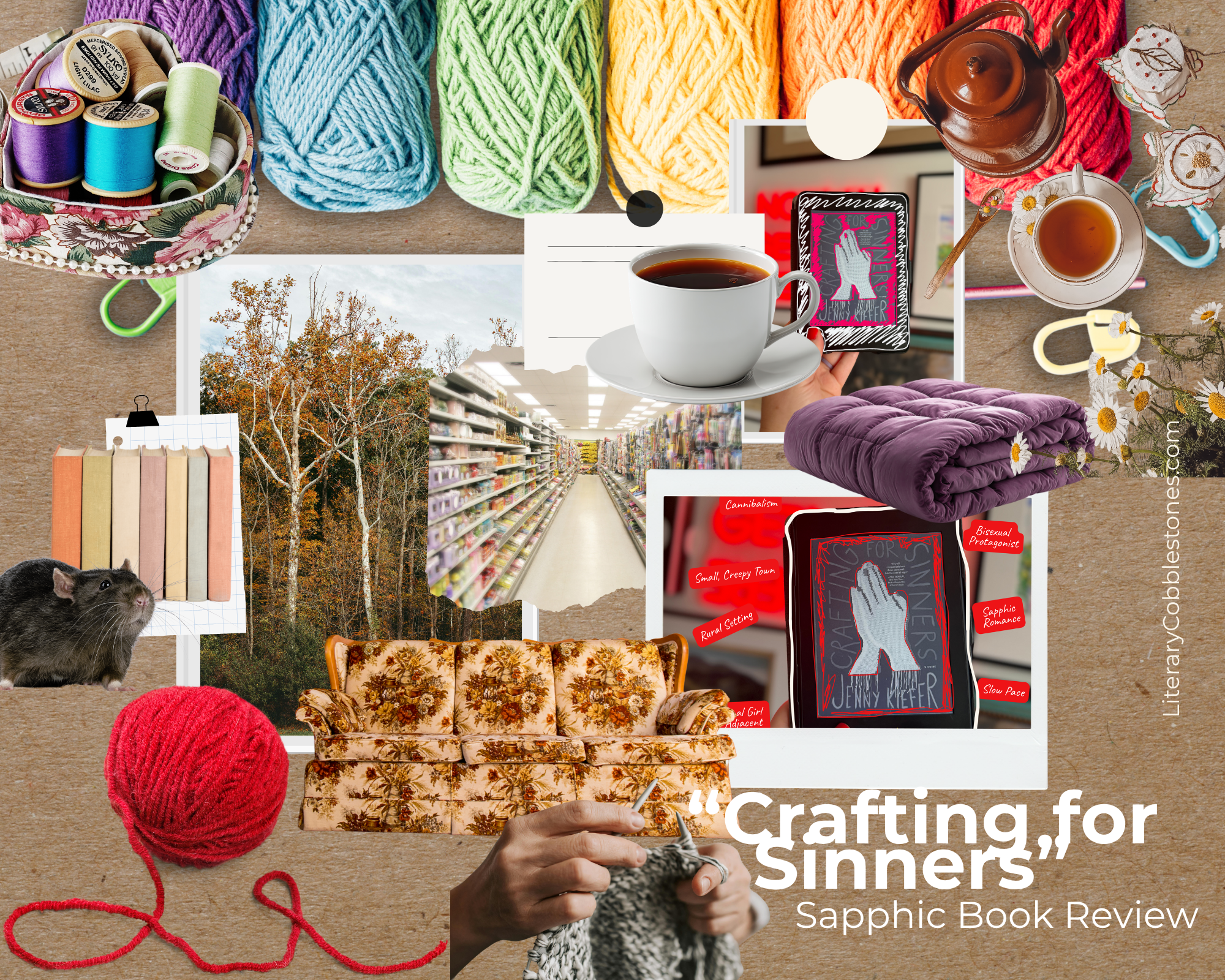 Reading moodboard for Crafting for Sinners by Jenny Kiefer on Literary cobblestones, a sapphic book review blog
