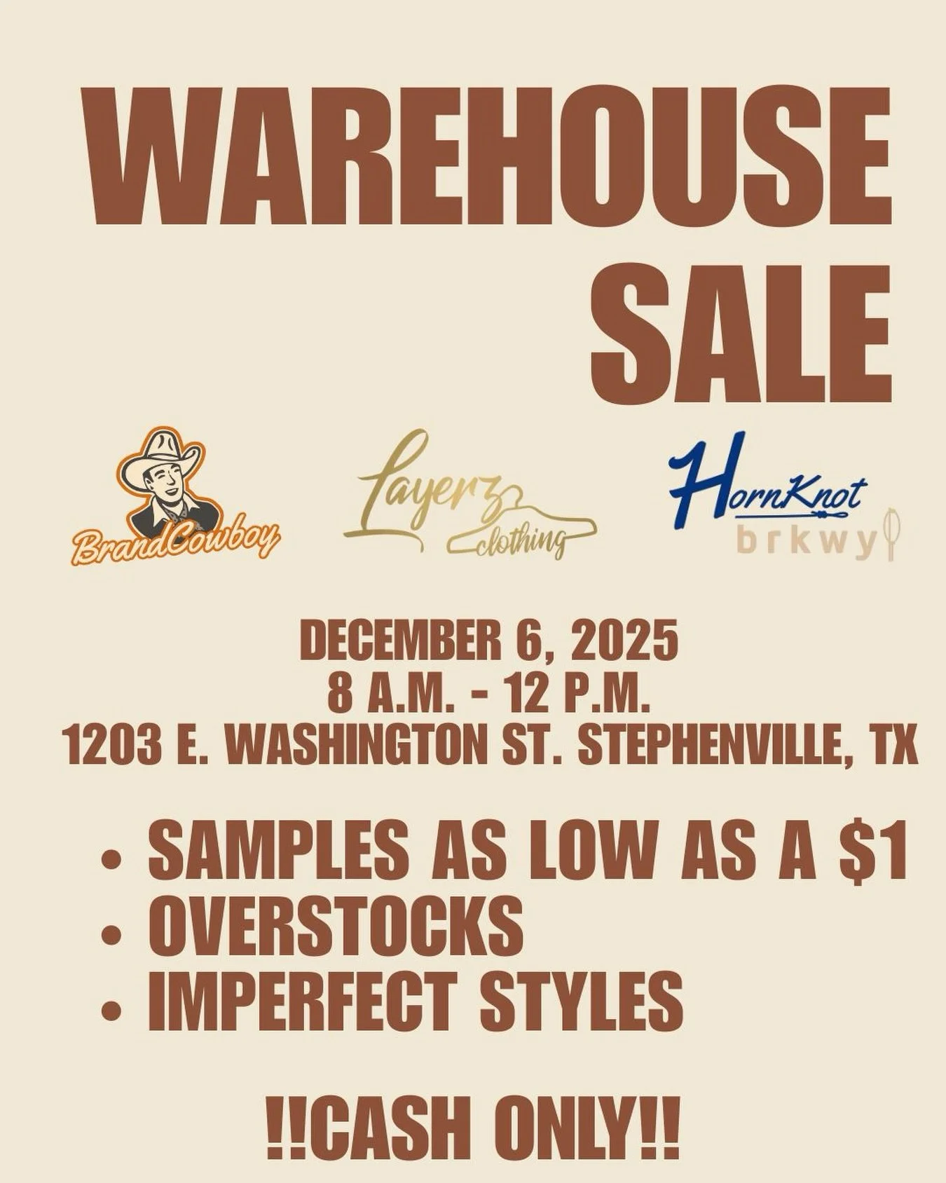 ‼️WAREHOUSE SALE‼️

🗓️THIS SATURDAY December 6, 2025
⏰ 8 a.m. - 12 p.m. 
📍 1206 E. Washington St. Unit 103 Stephenville, TX

Come by and see our great deals we will have🙌🏼🙌🏼