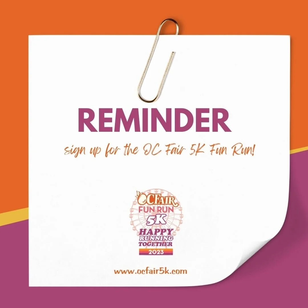 The time is NOW to get signed up for the OC Fair Fun Run 5K!  Prices are going up this Friday at 11:59 PM.  Don't miss the chance to run through the @ocfair before it opens! ⁠
⁠
#ocfair #ocfairfunrun #ocfair5k #5kfunrun #runtheoc #funrun #tshirt #bea