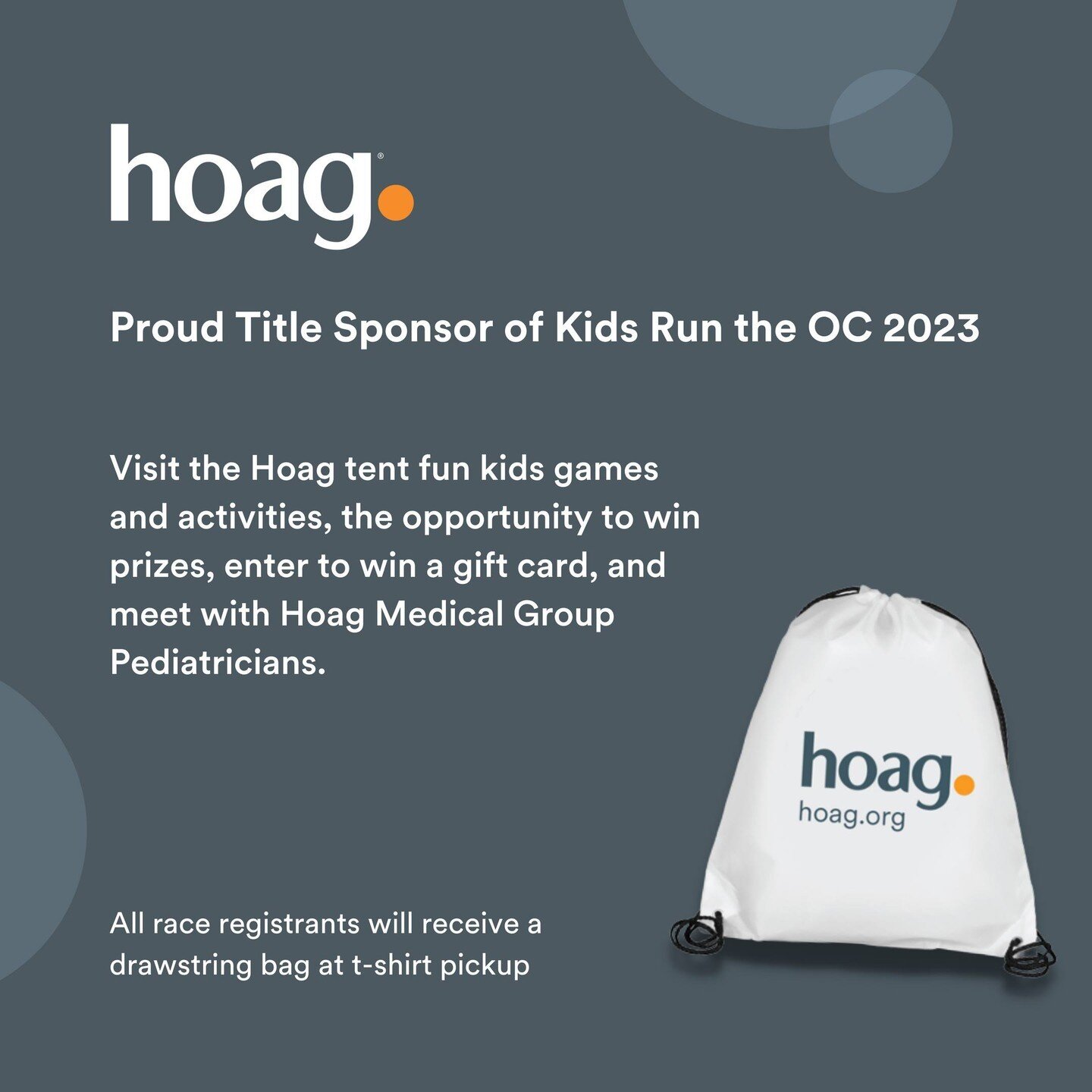 1 week until race day! 🏃&zwj;♀️🏃 All race registrants will receive a drawstring bag at t-shirt pickup from our title sponsor, @HoagHealth.⁠
⁠
Be sure to run by the Hoag tent for fun kids games and activities, the opportunity to win prizes, enter to