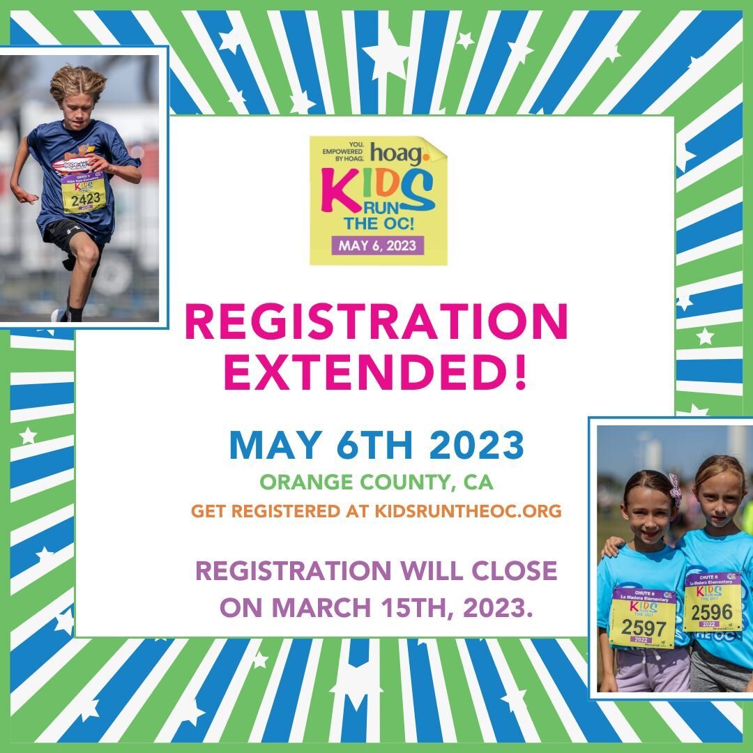 You read that right, registration for Kids Run The OC Final Mile Event has been EXTENDED!⁠
⁠
Registration will now close on March 15th, 2023. Register at kidsruntheoc.org, and get ready for the big day!⁠
⁠
If your school is not on the list this year,