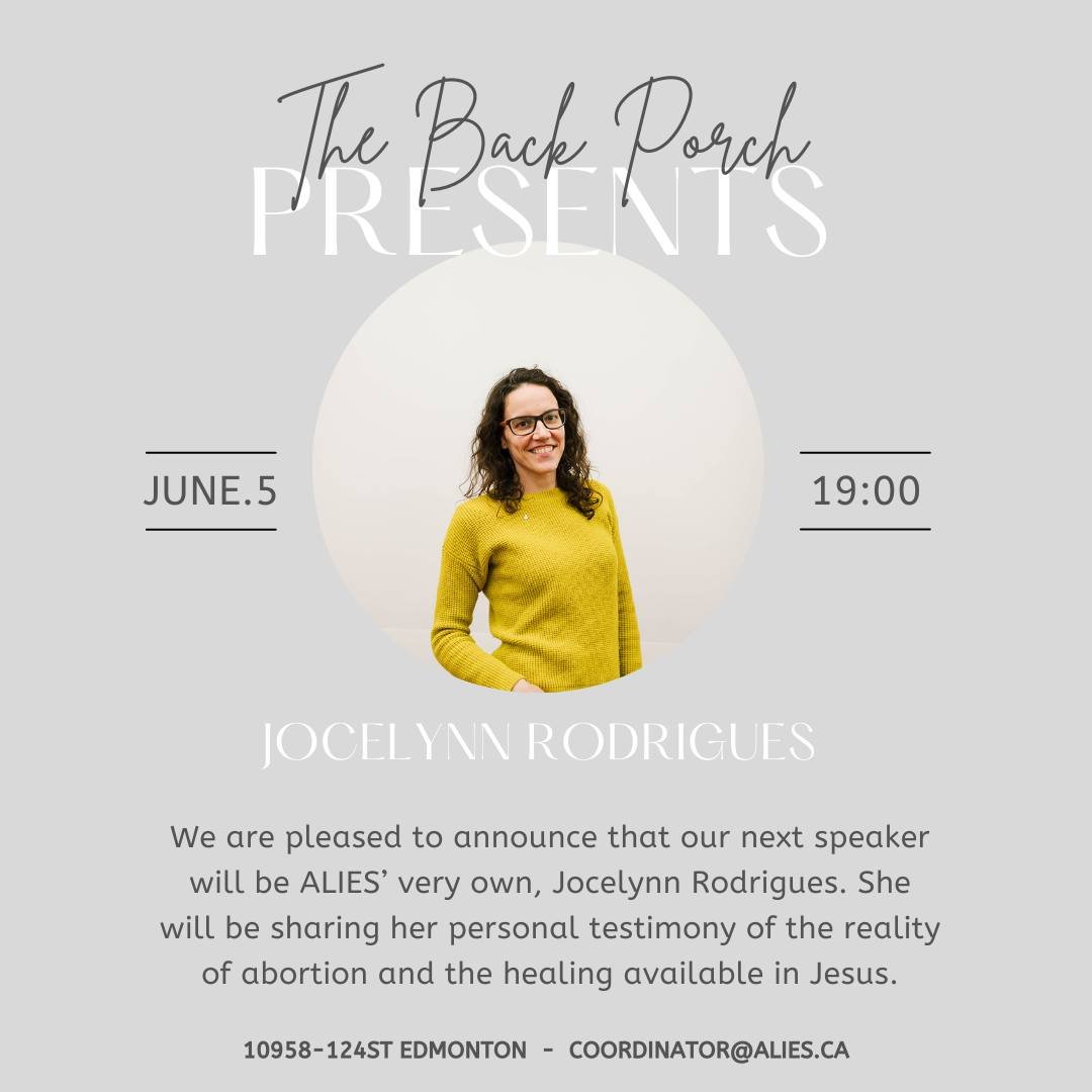 The Back Porch is hosting a speaker event in Edmonton! Join us as we welcome Jocelynn Rodrigues as she shares her personal testimony of the reality of abortion and her path to healing. 

Link in bio to sign up!