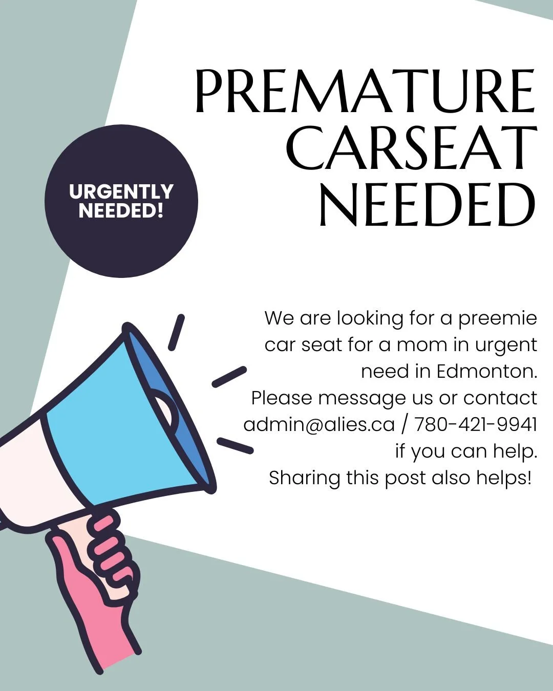 If you or someone you know has a preemie car seat they can donate, please contact us! A mom with a premature newborn is in urgent need, and your support would be hugely appreciated!