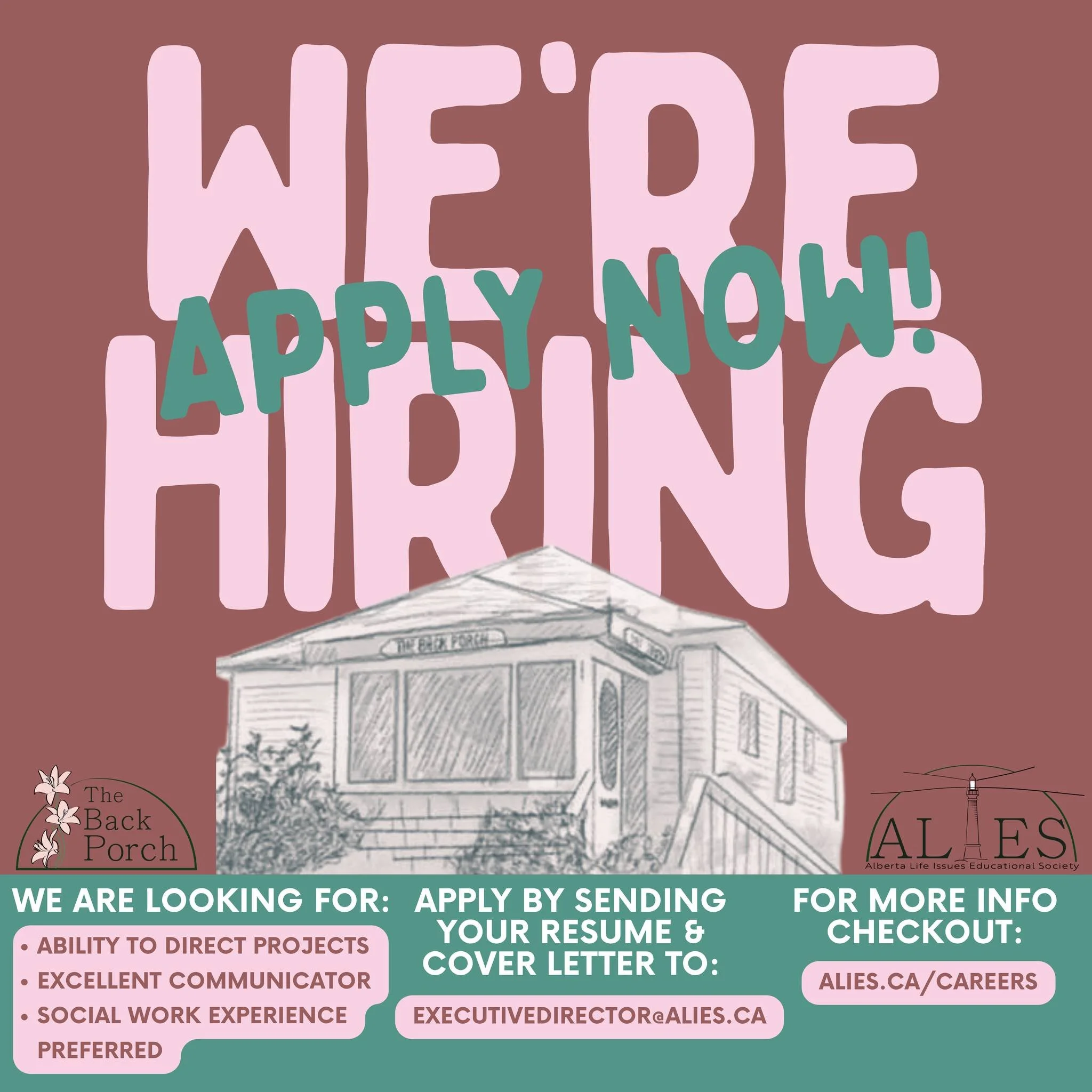 We have an amazing opportunity to work on the frontlines of the prolife movement in Canada! 

ALIES is looking to hire a new Back Porch Coordinator in Edmonton. Please send your resume and cover letter to executivedirector@alies.ca. 

Please email yo