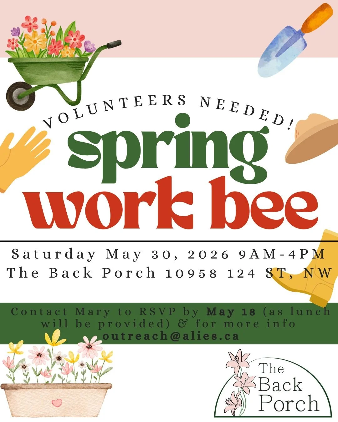 Join us for our upcoming Spring Work Bee on May 30th at The Back Porch in Edmonton! 🌱☀️

The Back Porch is looking for volunteers to help us freshen up our space for the season ahead. From yard work and organizing to general clean-up projects, every