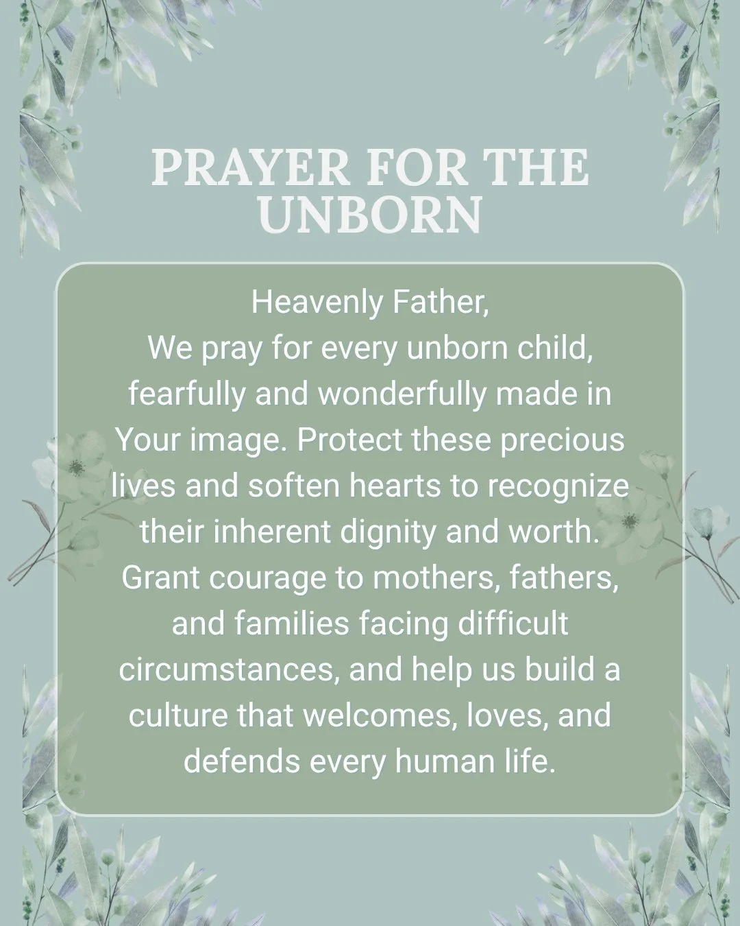 "For You created my inmost being; You knit me together in my mother's womb." - Psalm 139:13

Today we pray for every unborn child and for the mothers, fathers, and families who need God's strength, peace, and guidance. May the world come to