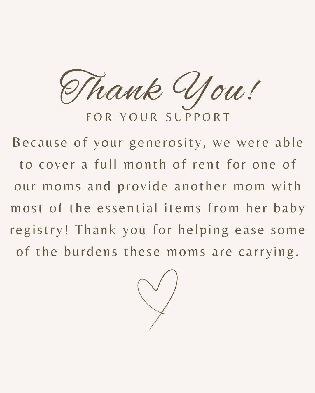 Thank you for being part of this ministry. Your generosity allows us to continue serving the moms that come to our door.  We are truly grateful for your support and could not do this without your help!