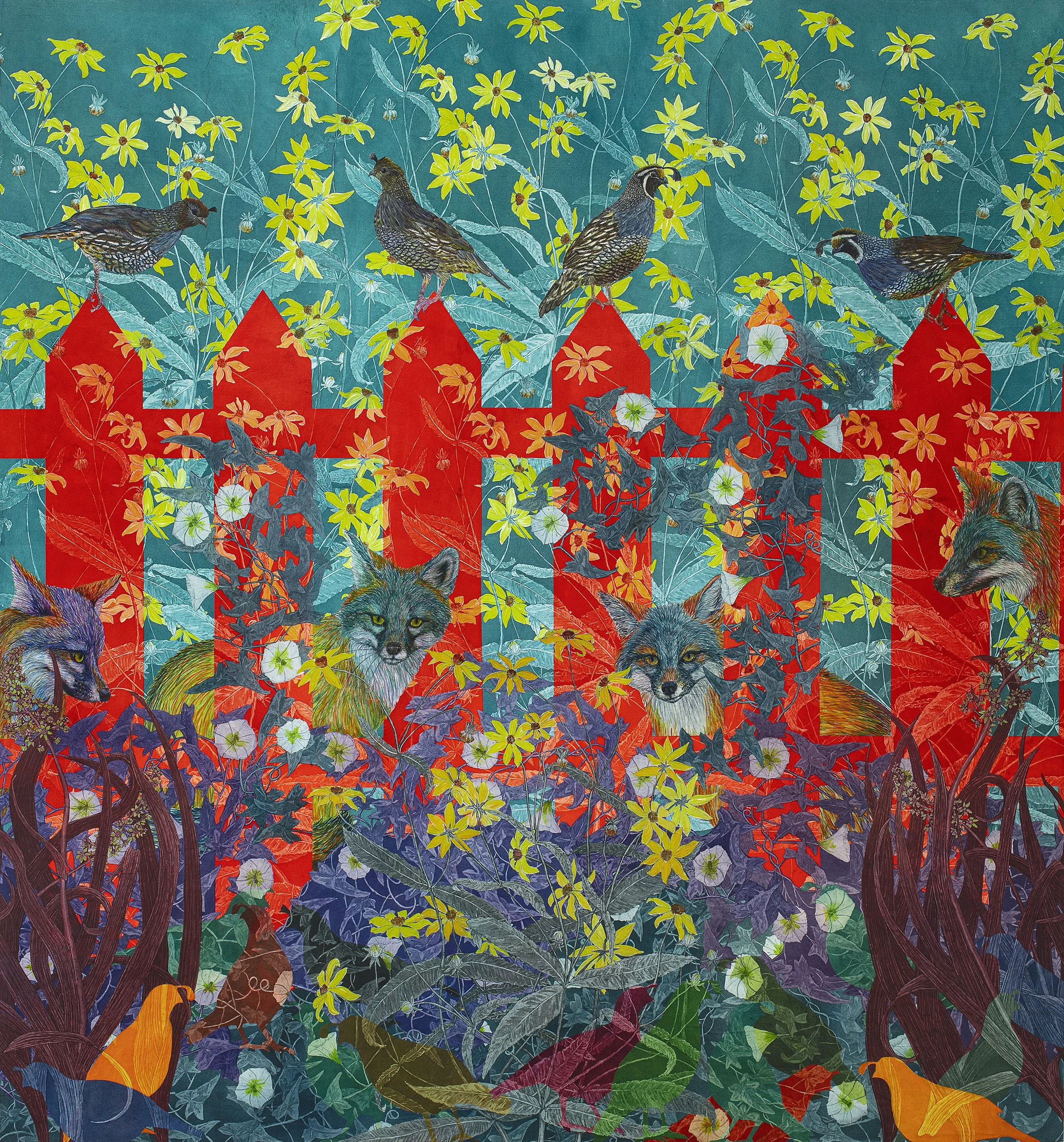Gray Foxes and California Quails, Collage of Aquatint Etchings with Acrylic, 48" x 45"
