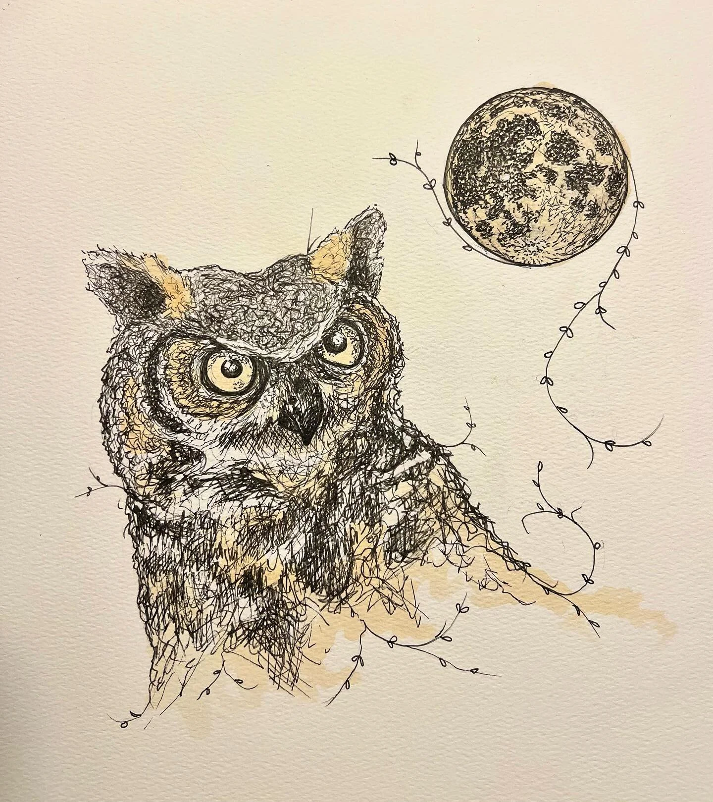 You are the moon - ink and tea stains #penandink #ink #illustration #drawing #sketch #owl #moon #design #art #artwork