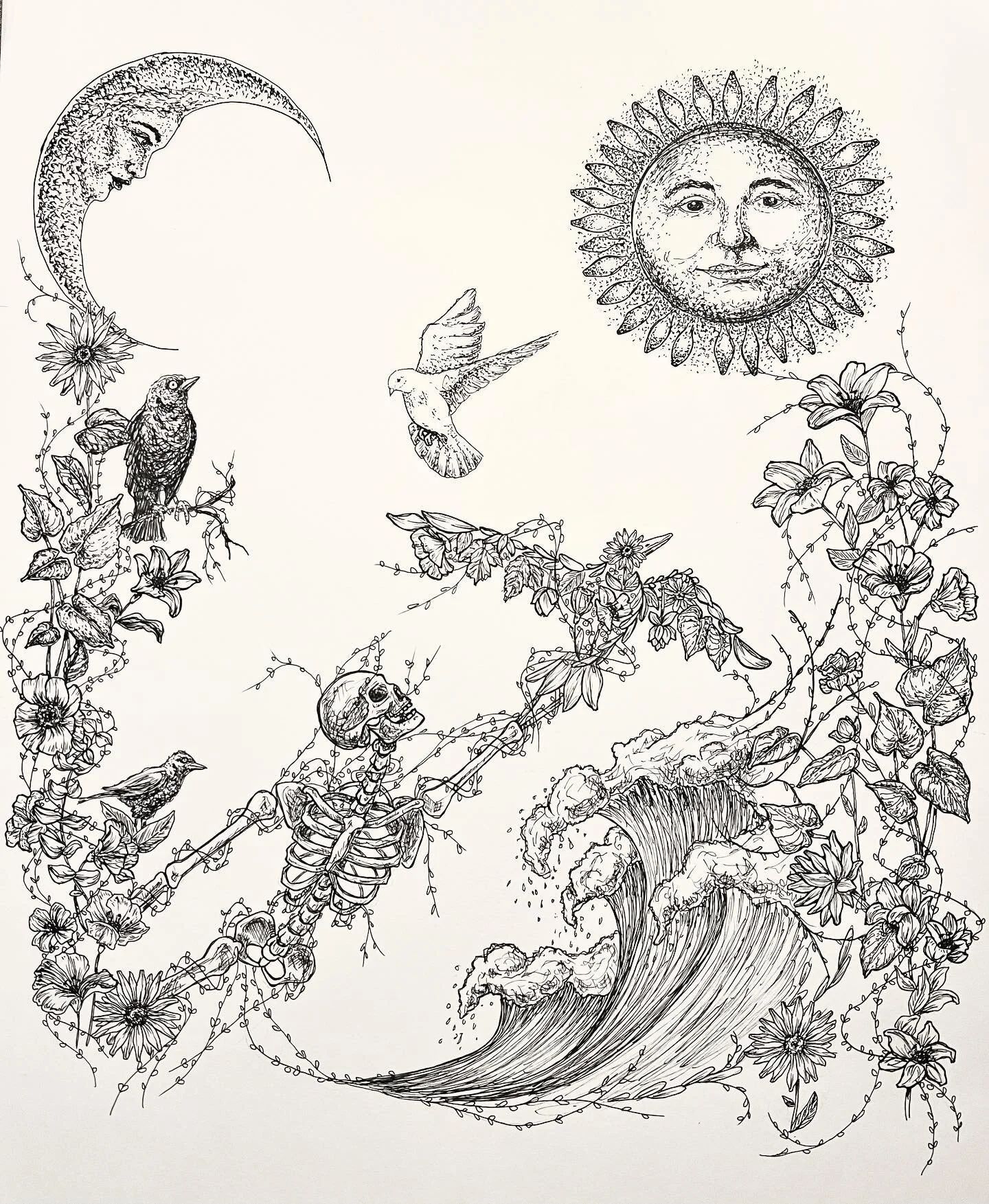 This one&rsquo;s a little crazy but aren&rsquo;t we all #illustration #drawing #sketch #art #artwork #skeleton #moon #sun #birds #plants #flowers #design