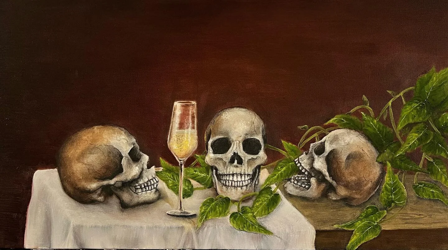30x15 in. #oilpainting #painting #skeletons #stilllife #wine #plants #skulls #art #artwork #traditionalart