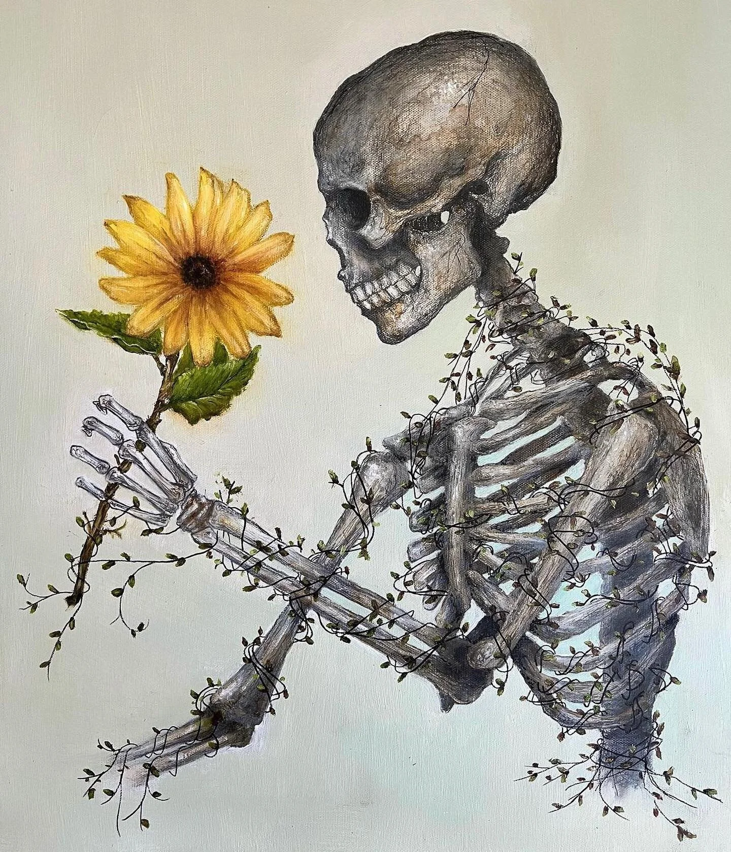 Oil painting/ink 20x24in. #oilpainting #painting #skeleton #sunflower #art #artwork