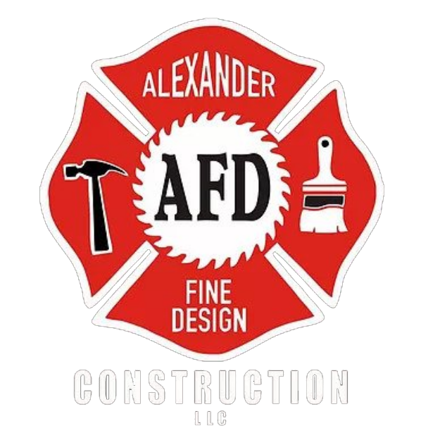 Logo of Alexander Fined Design Construction, featuring a red fire department emblem with a hammer and paintbrush crossed, the initials AFD in the center, and text indicating construction services.