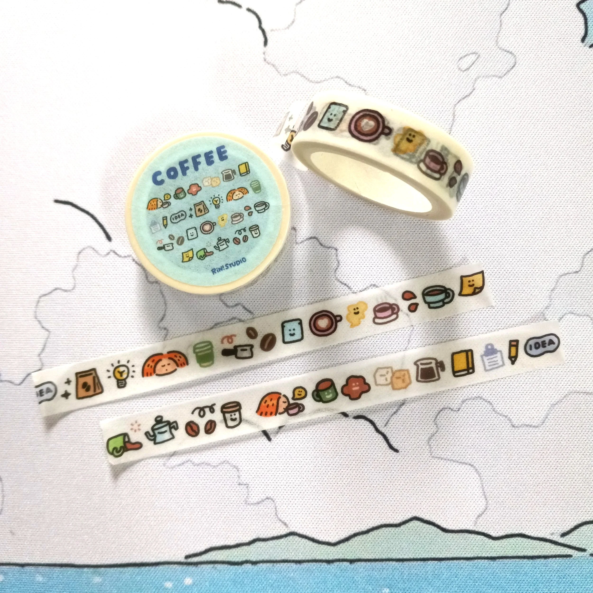 Kawaii coffee mini washi tape with cute emoji-style characters and playful café-themed designs for planners and crafts