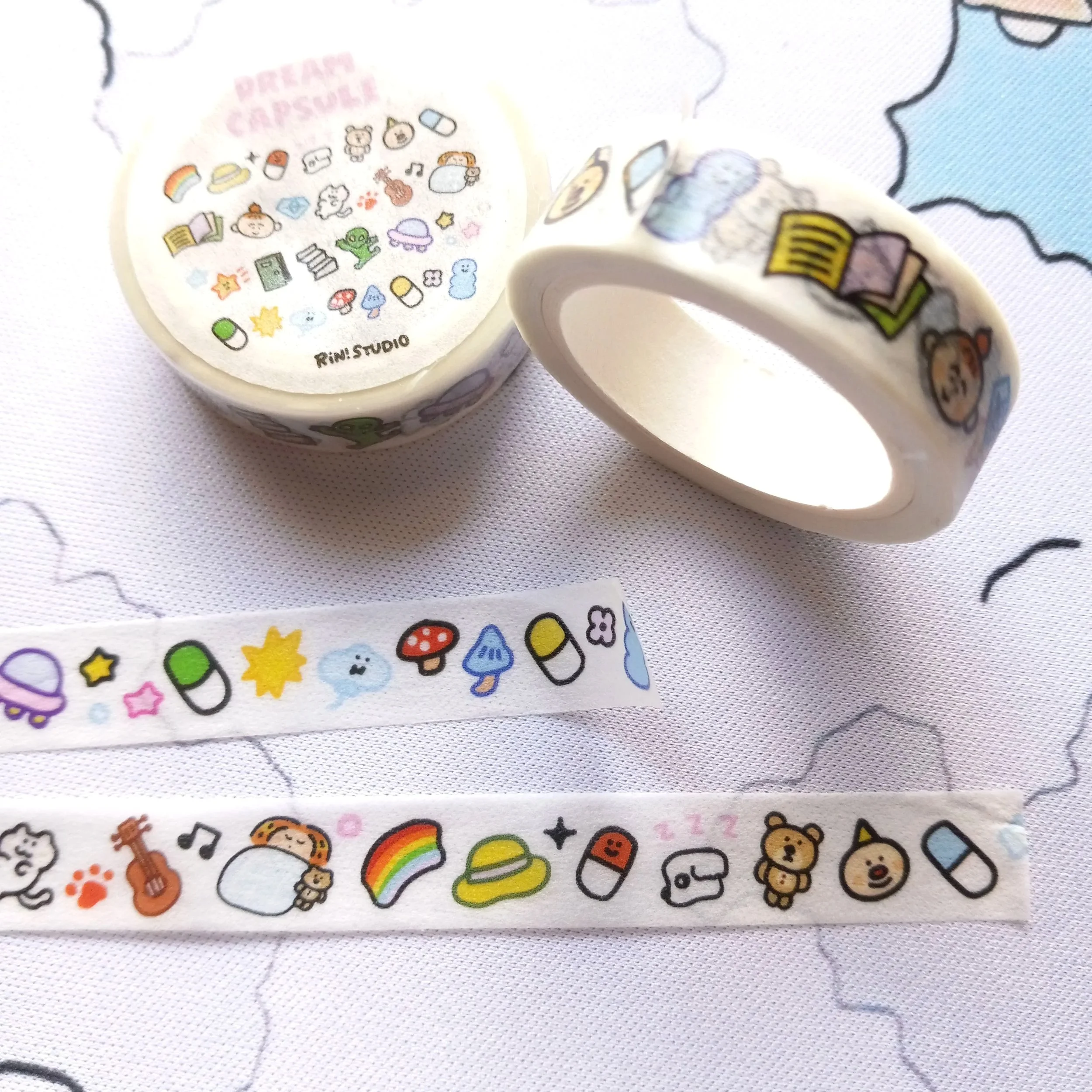 RiN! Studio decorative washi tape featuring colorful mini emoji illustrations