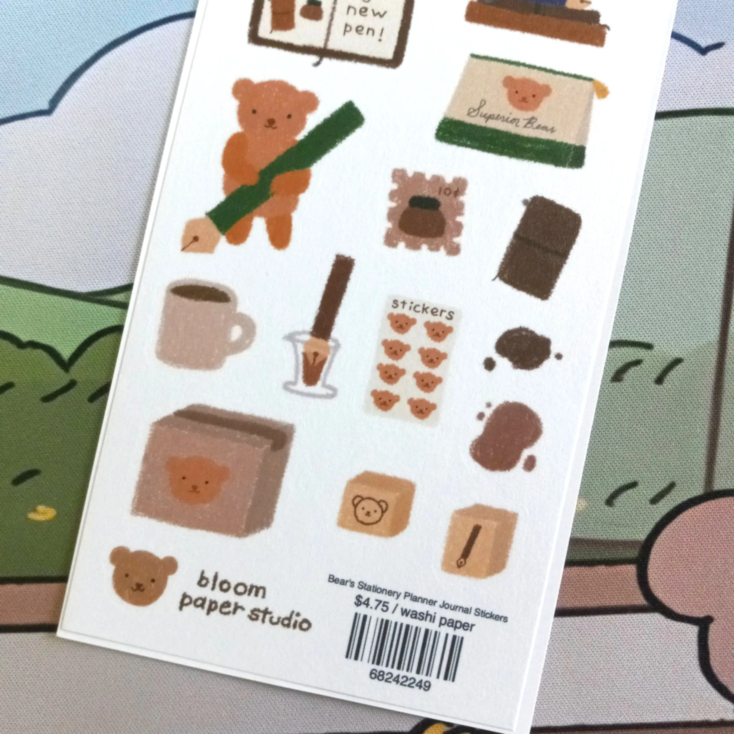 Bear’s Stationery Planner Journal sticker sheet featuring planners, journals, and stationery motifs