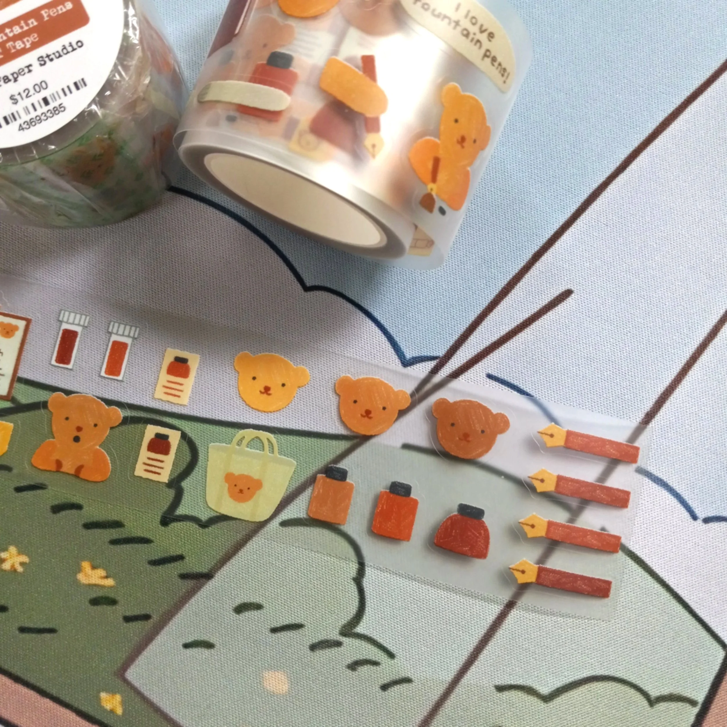 Cute stationery inspired PET tape featuring Bear, fountain pens, journals, and planner accessories by Bloom Paper Studio