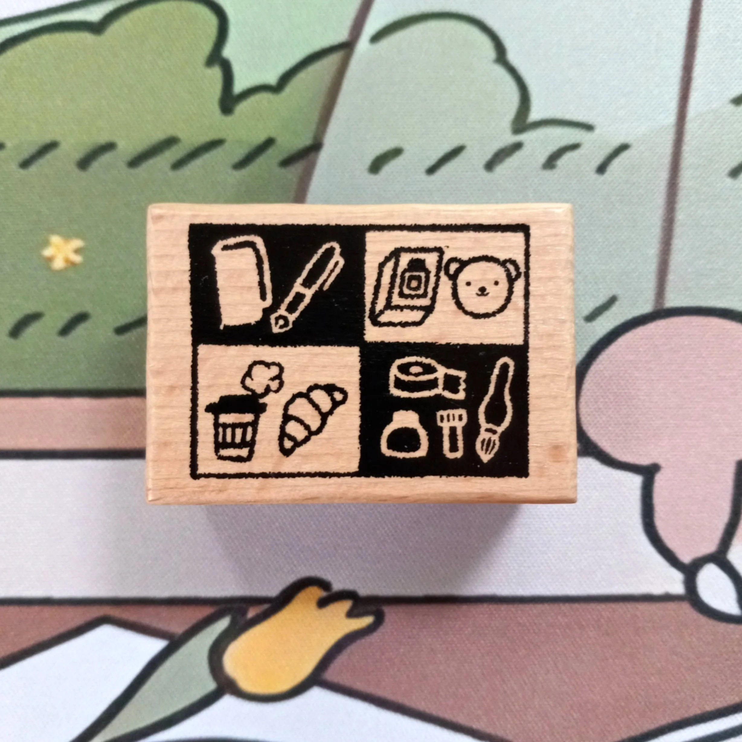 Bear’s Vibe rubber stamp by Bloom Paper Studio with cozy journaling and stationery icons stamped on paper