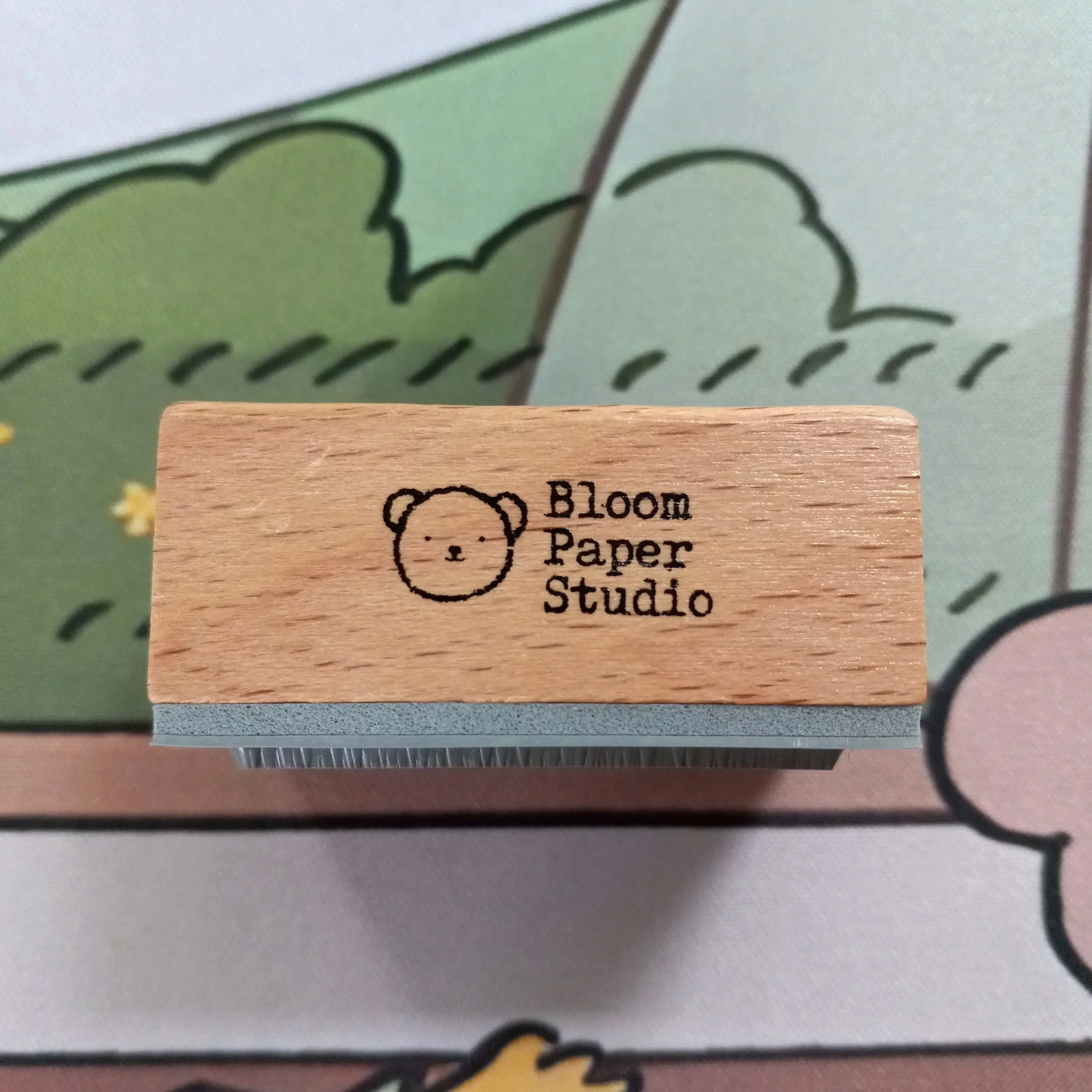 Bear’s Vibe wooden rubber stamp with cute journaling icons including coffee, croissant, planner, and stationery designs